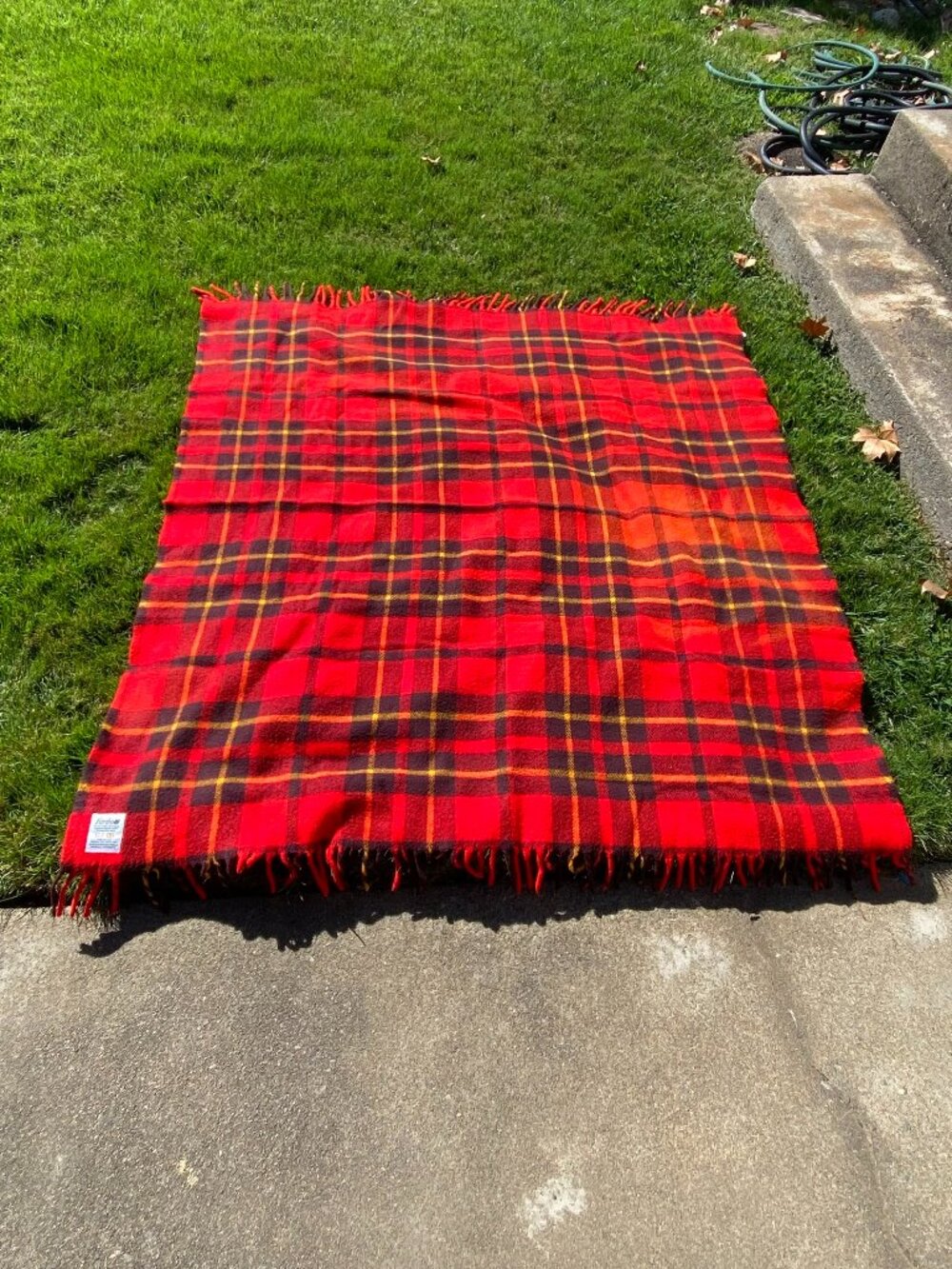 Vintage Faribo Red Plaid Throw Blanket Fringe Made USA Faribault Woolen Mills